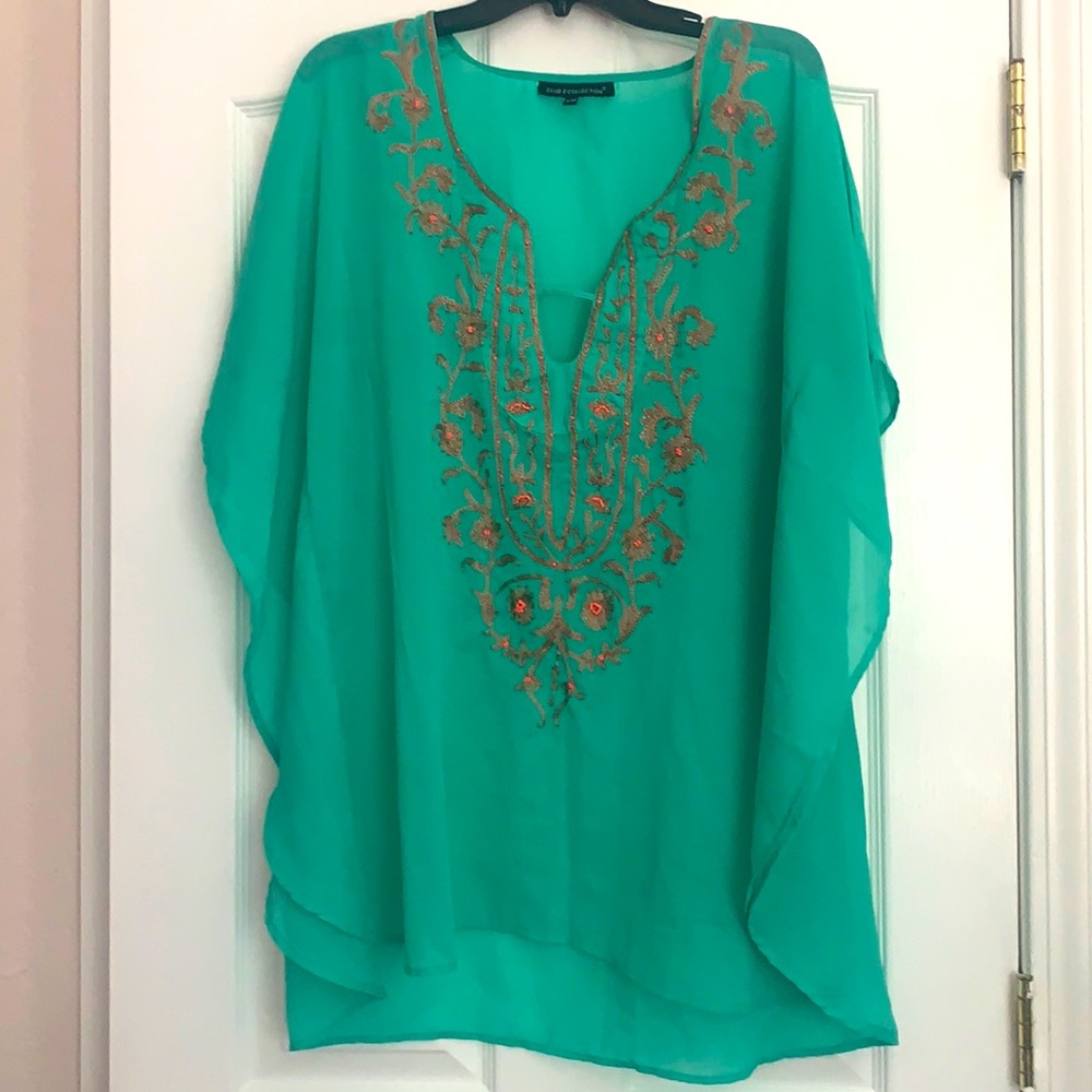 Caftan Cover Up- Sheer Embroidered and Beaded Aqua Green S/M